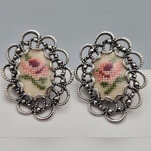 Vintage Silver-Tone Filigree Stud Earrings w/ Hand-Embroidered Petit Point Rose